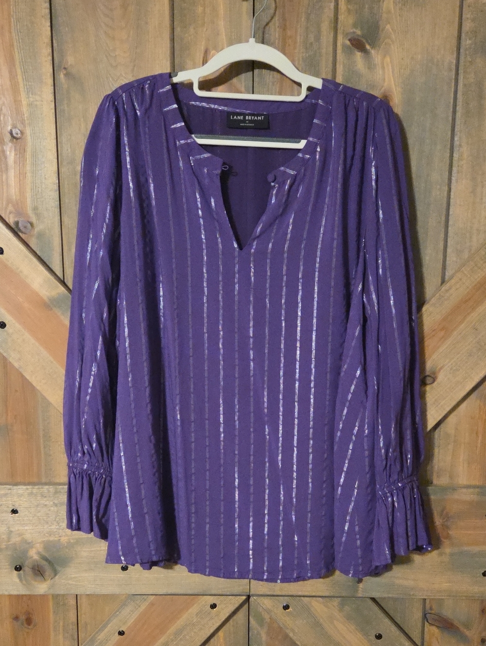 Lane Bryant Purple Metallic-Striped V-Neck Tunic